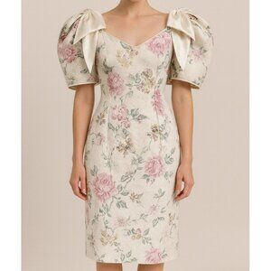 Vintage Late Edition Ltd White Floral Brocade Dress Size 6 Puff Sleeve Shoulder‎